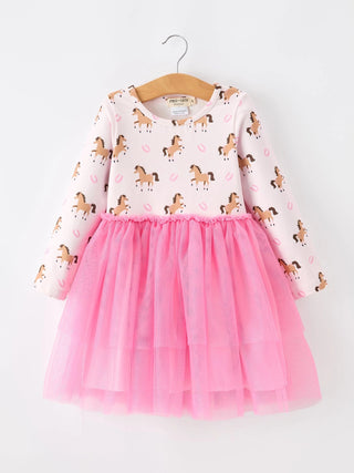 Horse Print Pink Tulle Long Sleeve Dress - Allure Boutique WY