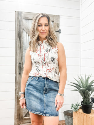 Horse Print Sleeveless Snap Shirt - Allure Boutique WY