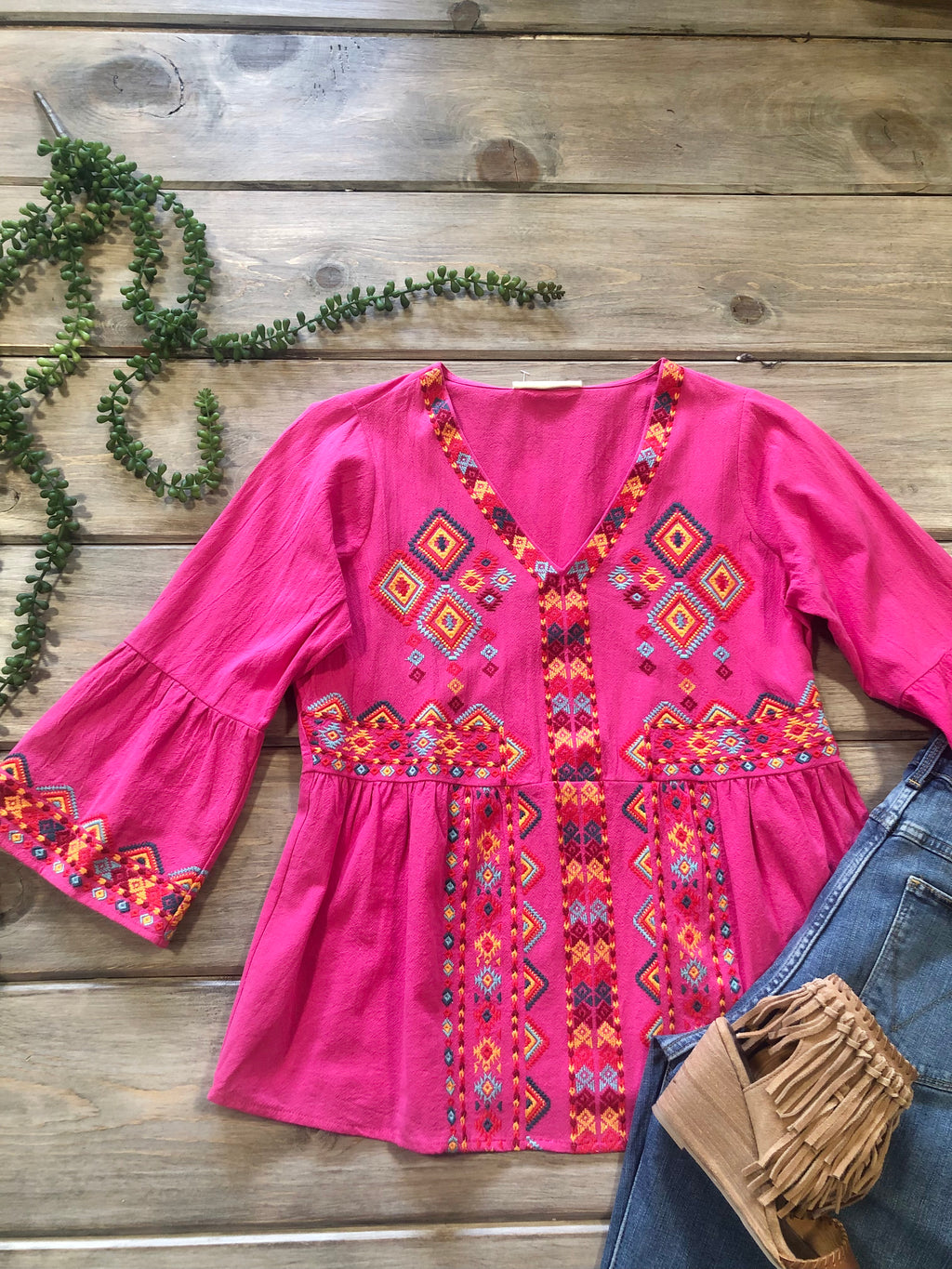 Hot Pink Embroidered 3/4 Bell Sleeve Blouse