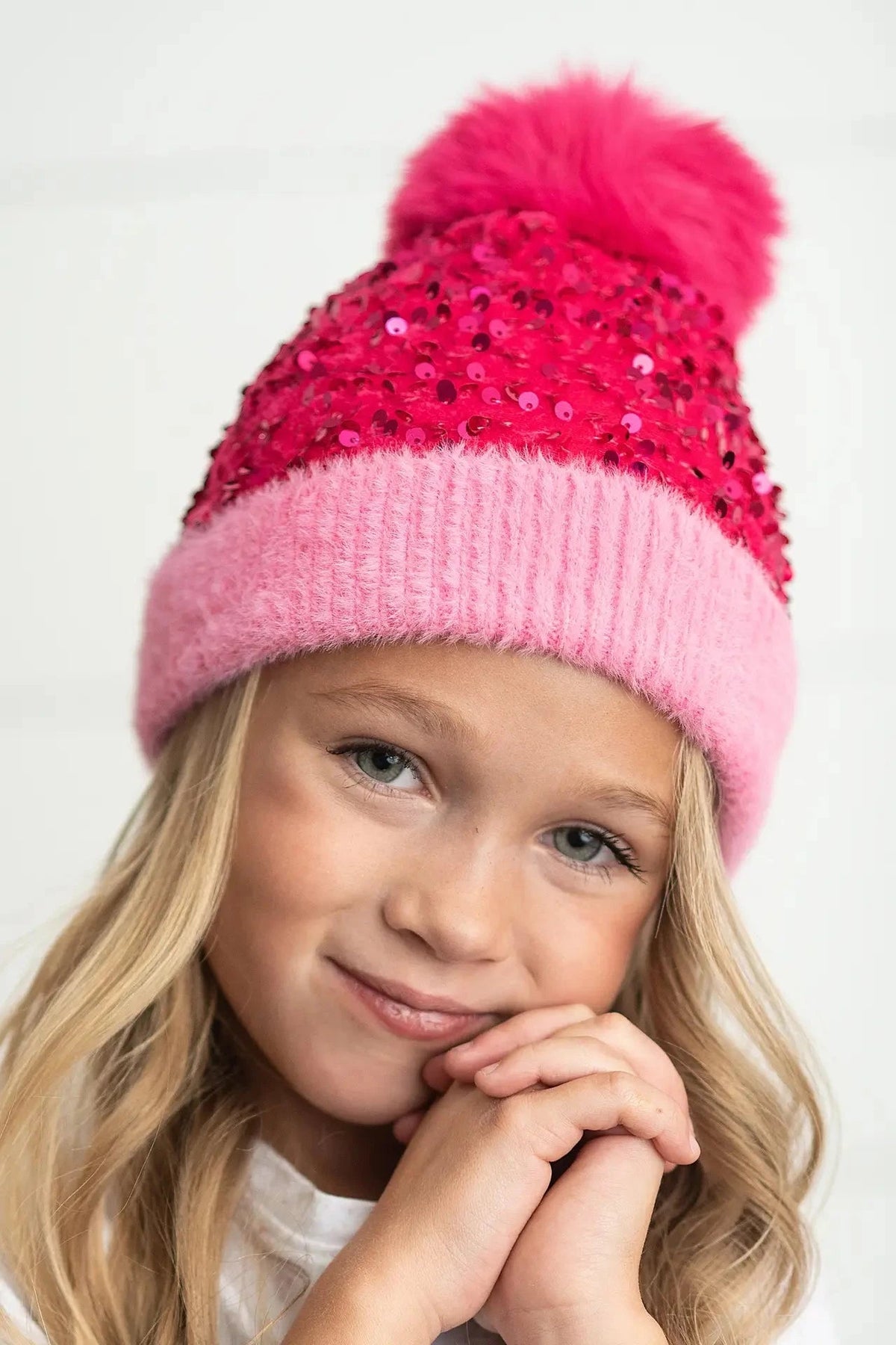 Kids Bright Pink Sequin Large Pom Beanie Hat - Allure Boutique WY