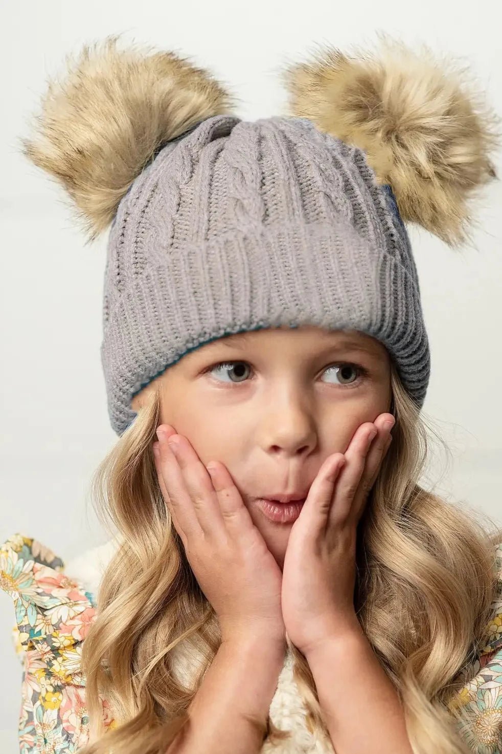 Kids Gray Cable Knit Fur Double Pom Beanie Hat - Allure Boutique WY