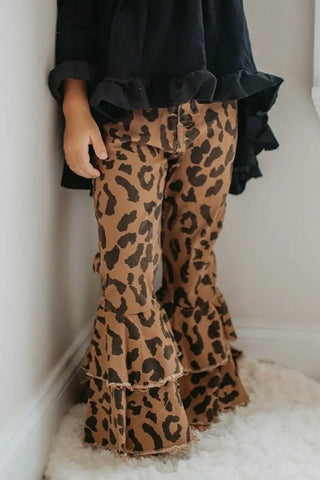 Kids Leopard Double Denim Ruffle Bells - Allure Boutique WY