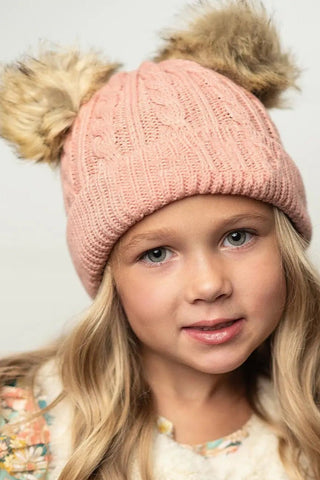 Kids Pink Cable Knit Fur Double Pom Beanie Hat - Allure Boutique WY