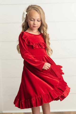Kids Velvet Ruffle Longsleeve Dress - Allure Boutique WY