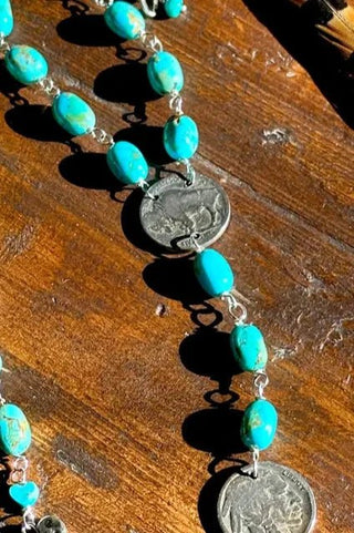 Kingman Turquoise Lariat Necklace with Buffalo Nickel - Allure Boutique WY