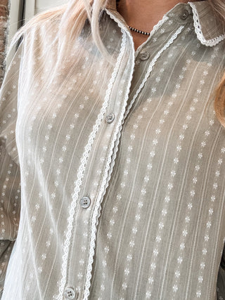 Lace Trim Embroidered Button Down Blouse - Allure Boutique WY