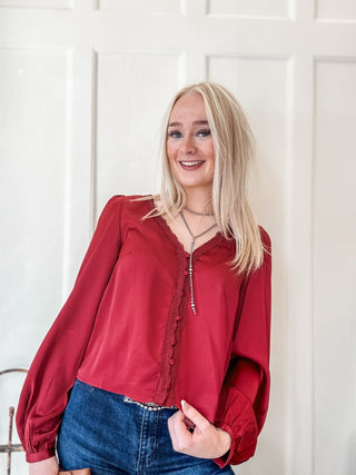 Lace Trim V-Neck Satin Blouse - Allure Boutique WY