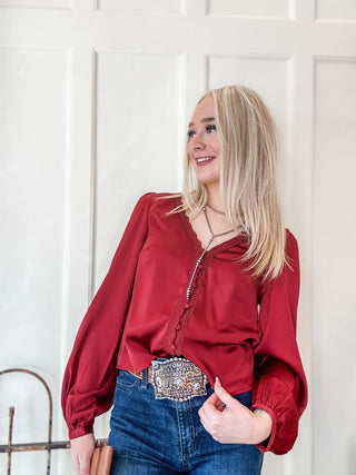 Lace Trim V-Neck Satin Blouse - Allure Boutique WY