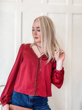 Lace Trim V-Neck Satin Blouse - Allure Boutique WY