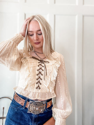 Lace Up Champagne Lace Top - Allure Boutique WY