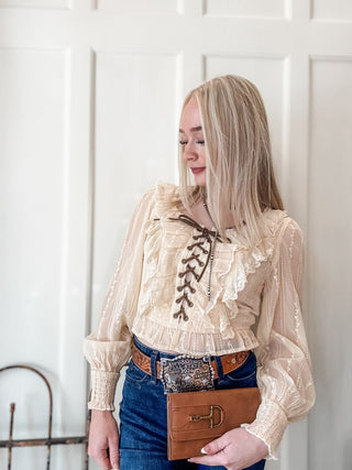Lace Up Champagne Lace Top - Allure Boutique WY