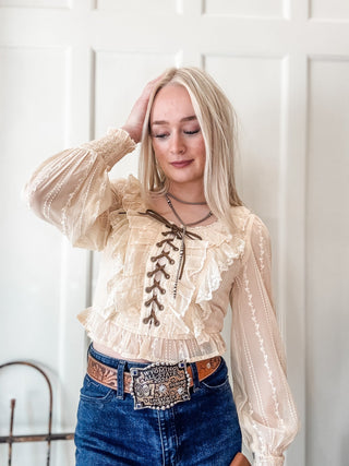 Lace Up Champagne Lace Top - Allure Boutique WY