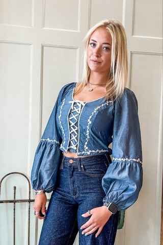 Lace Up Embroidered Puff Sleeve Top - Allure Boutique WY