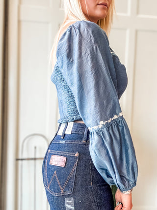 Lace Up Embroidered Puff Sleeve Top - Allure Boutique WY