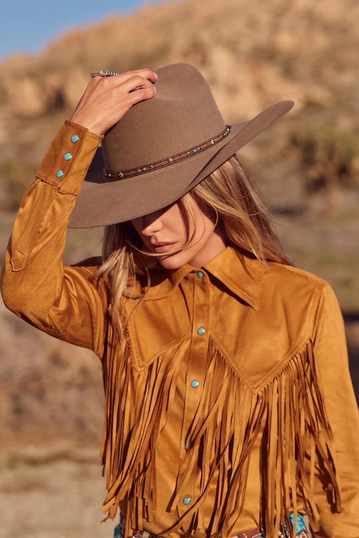 Lainey Brown Suede Western Shirt with Fringe - Allure Boutique WY