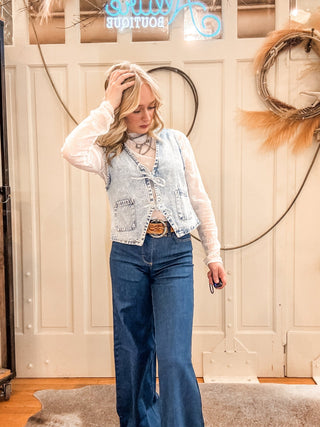 Light Acid Wash Tie Front Vest with Pockets - Allure Boutique WY