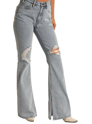 Light Wash Slit Hem High Rise Flare Jean - Allure Boutique WY