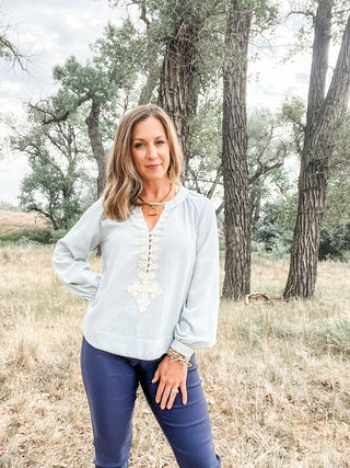 Long Sleeve Blouse with Embroidery Detail - Allure Boutique WY