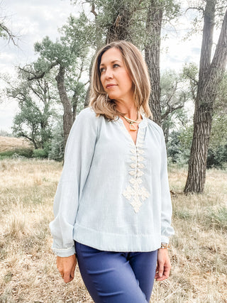 Long Sleeve Blouse with Embroidery Detail - Allure Boutique WY