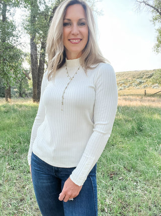 Long Sleeve Mock Neck Knit with Buttons Snow - Allure Boutique WY