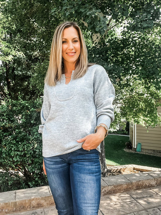 Long Sleeve Notch Neckline Sweater - Allure Boutique WY