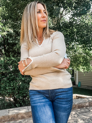 Long Sleeve Polo Sweater with Blanket Stitch - Allure Boutique WY