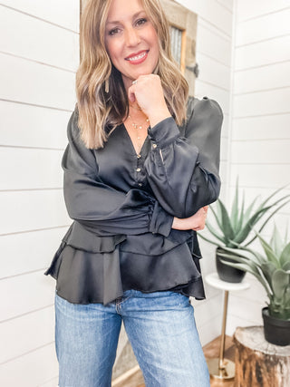 Long Sleeve V-Neck Tiered Blouse - Allure Boutique WY