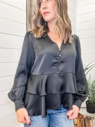 Long Sleeve V-Neck Tiered Blouse - Allure Boutique WY
