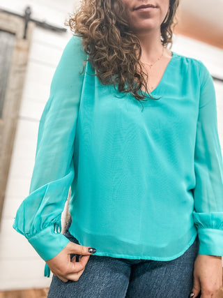 Long Sleeve Woven Blouse with Sleeve Tie Detail - Allure Boutique WY