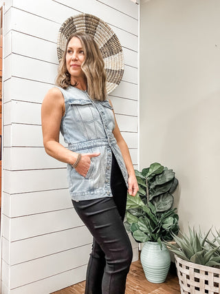 Long Sleeveless Denim Jacket with Pockets - Allure Boutique WY