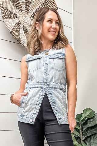 Long Sleeveless Denim Jacket with Pockets - Allure Boutique WY