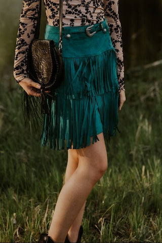 Microsuede Fringe Skirt Teal - Allure Boutique WY
