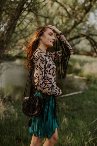 Microsuede Fringe Skirt Teal - Allure Boutique WY