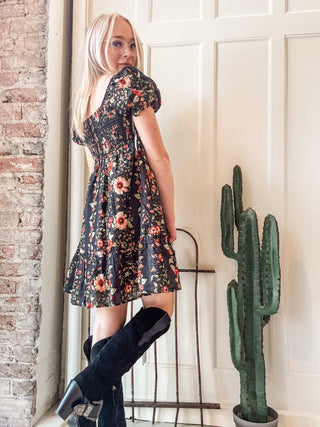Midnight Floral Puff Sleeve Mini Dress - Allure Boutique WY