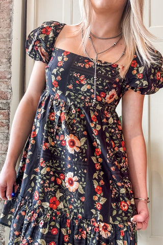 Midnight Floral Puff Sleeve Mini Dress - Allure Boutique WY