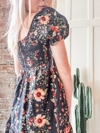 Midnight Floral Puff Sleeve Mini Dress - Allure Boutique WY