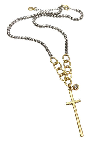 Mixed Metal Cross Necklace + Crystal Accent - Allure Boutique WY