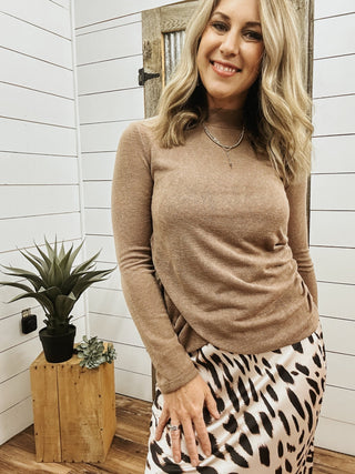 Mocha Long Sleeve Draped Mock Neck Top - Allure Boutique WY