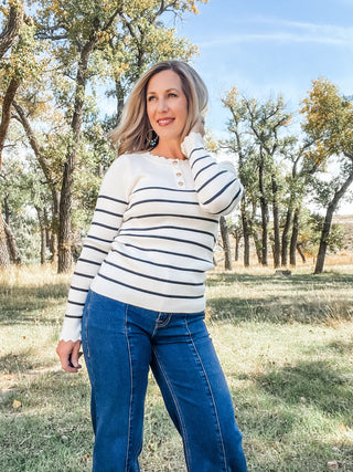Navy + Off White Striped Sweater - Allure Boutique WY
