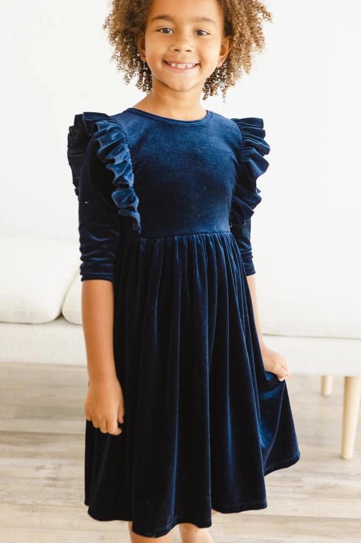 Navy Velvet Ruffle Twirl Dress - Allure Boutique WY