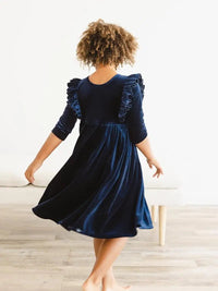 Navy Velvet Ruffle Twirl Dress - Allure Boutique WY