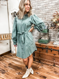 Olive Pleated Balloon Sleeve Dress - Allure Boutique WY