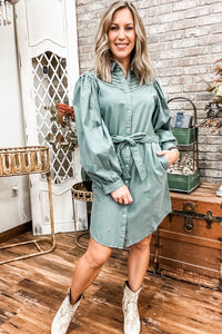 Olive Pleated Balloon Sleeve Dress - Allure Boutique WY