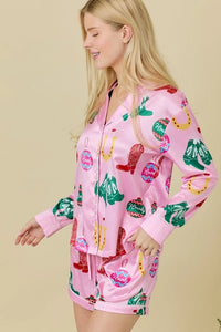 Pink Western Holiday Satin Pajama Short Set - Allure Boutique WY