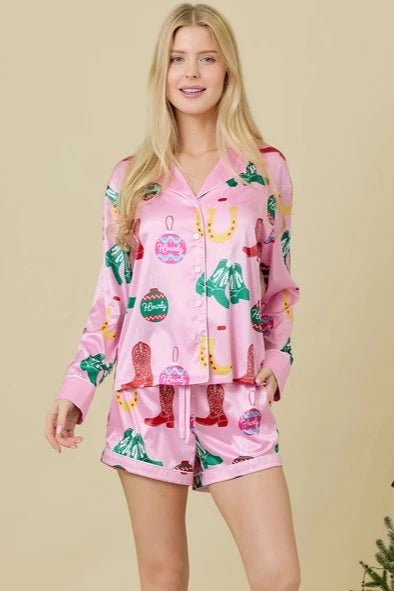 Pink Western Holiday Satin Pajama Short Set - Allure Boutique WY