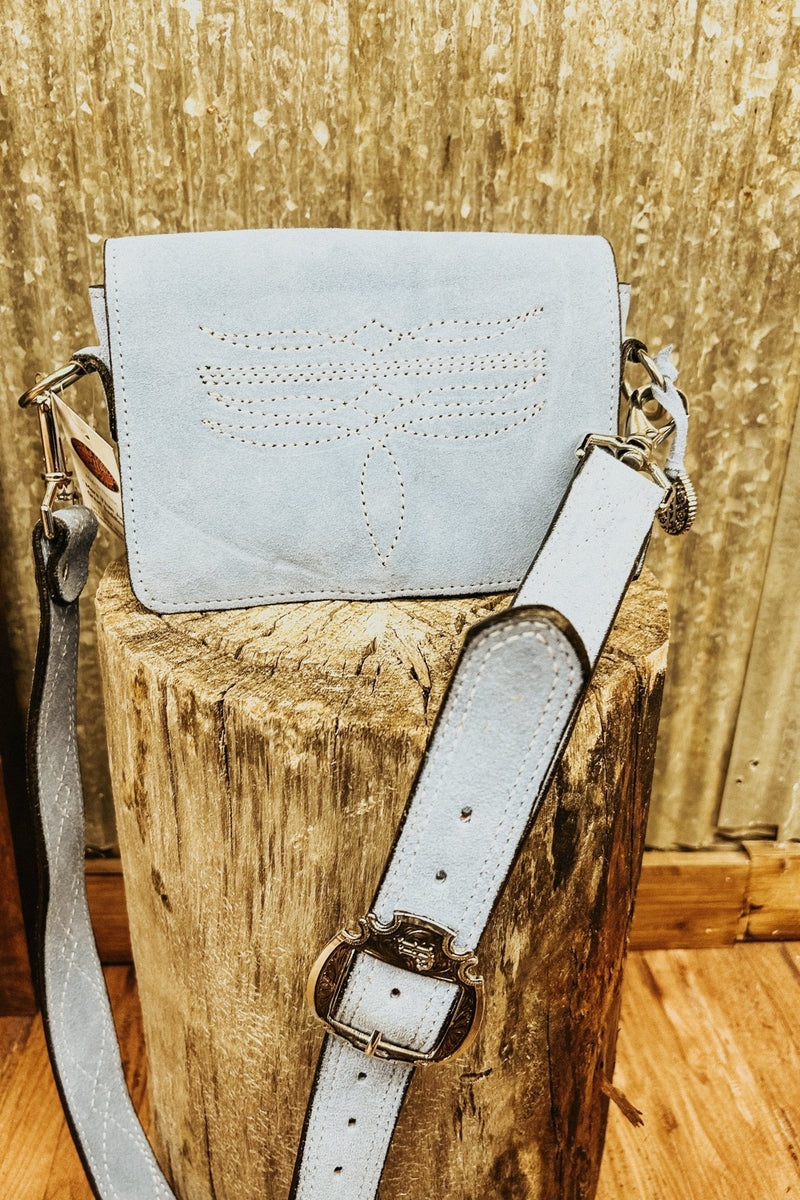 Powder Blue Suede Bum Bag with White Figure 8 - Allure Boutique WY