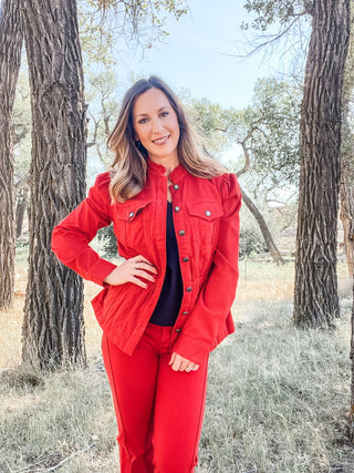 Puff Sleeve Trucker Jacket with Ruffle Collar - Allure Boutique WY