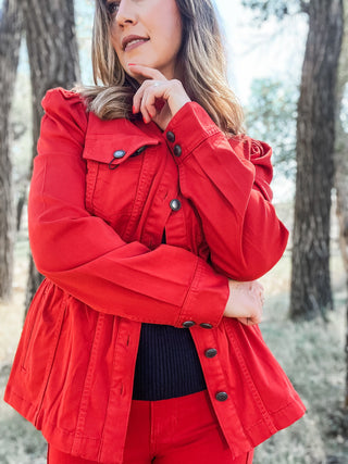 Puff Sleeve Trucker Jacket with Ruffle Collar - Allure Boutique WY