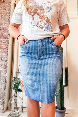 Railroad Stripe Denim Pencil Skirt - Allure Boutique WY
