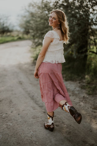 Red + White Gingham Tiered Maxi Skirt - Allure Boutique WY
